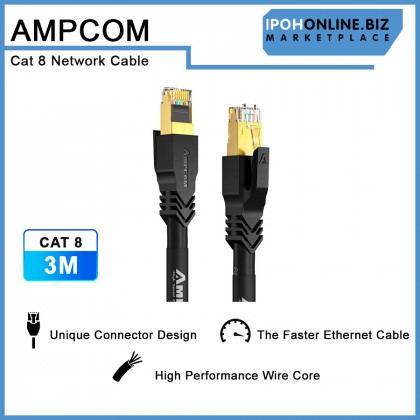 AMPCOM CAT8 Ethernet Cable 3M STP Slim Type - 2.5/5/10Gbps High Speed Network for Gaming Server Workstation Host